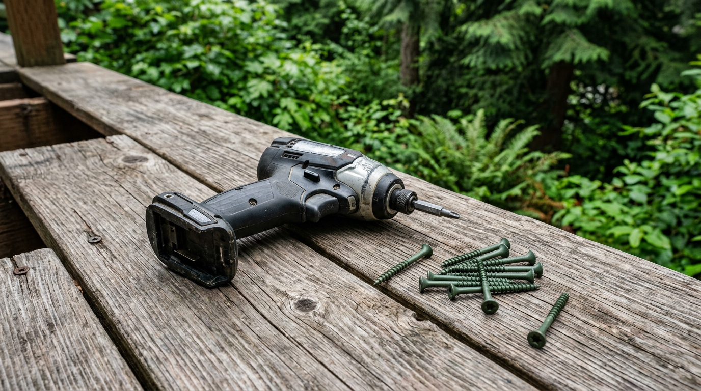 An impact driver and screws ready for a deck repair during a home health assessment in Lake Forest Park, WA.