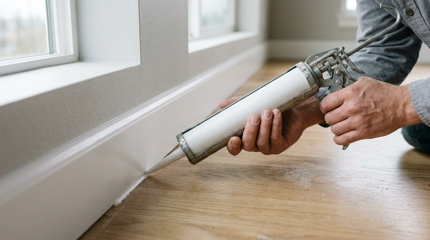 Applying a fresh bead of caulk to new baseboard trim in a Lake Forest Park home.