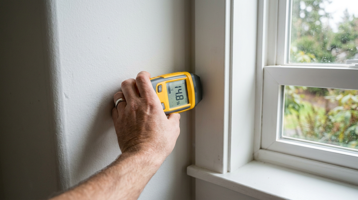 A House Spouse technician using a moisture meter to perform a leak investigation in an Arlington, WA home.