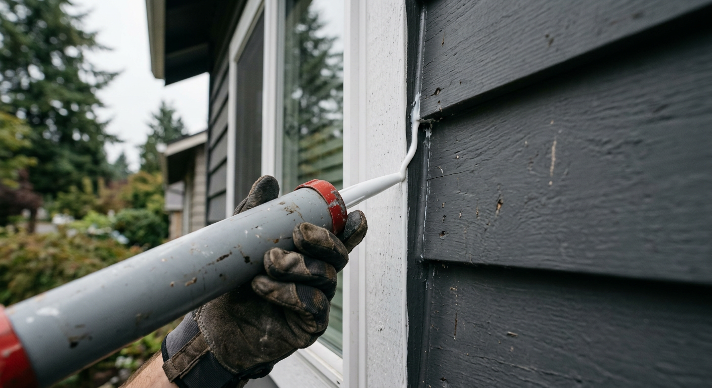 Applying a fresh bead of caulk around a window frame during a leak investigation on a home in Arlington, WA.