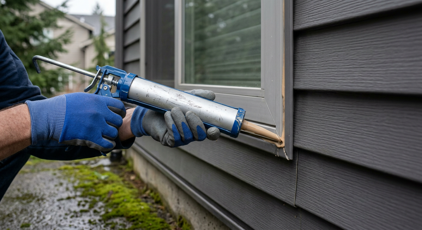 Close-up of a handyman performing a leak investigation in Arlington by sealing a window frame to prevent water intrusion.