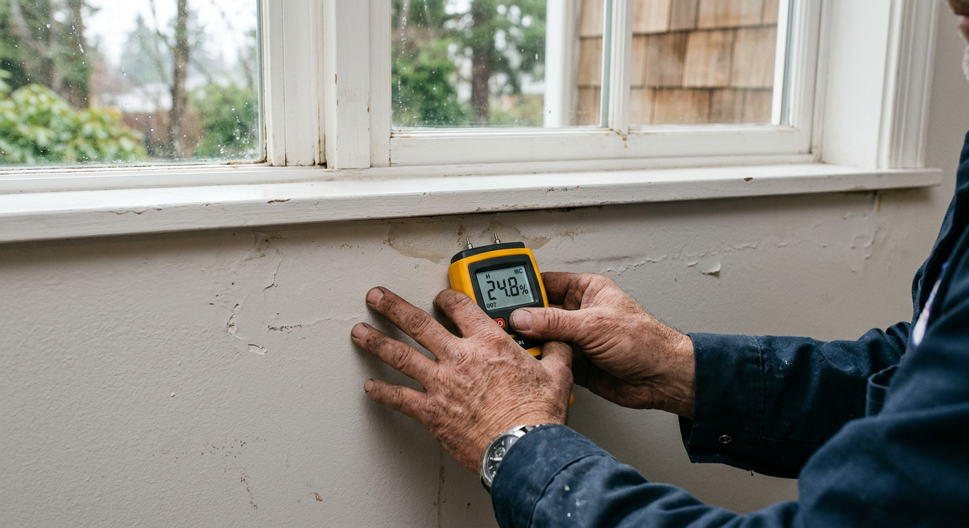 Using a moisture meter to find a hidden water leak in an Arlington, WA home.