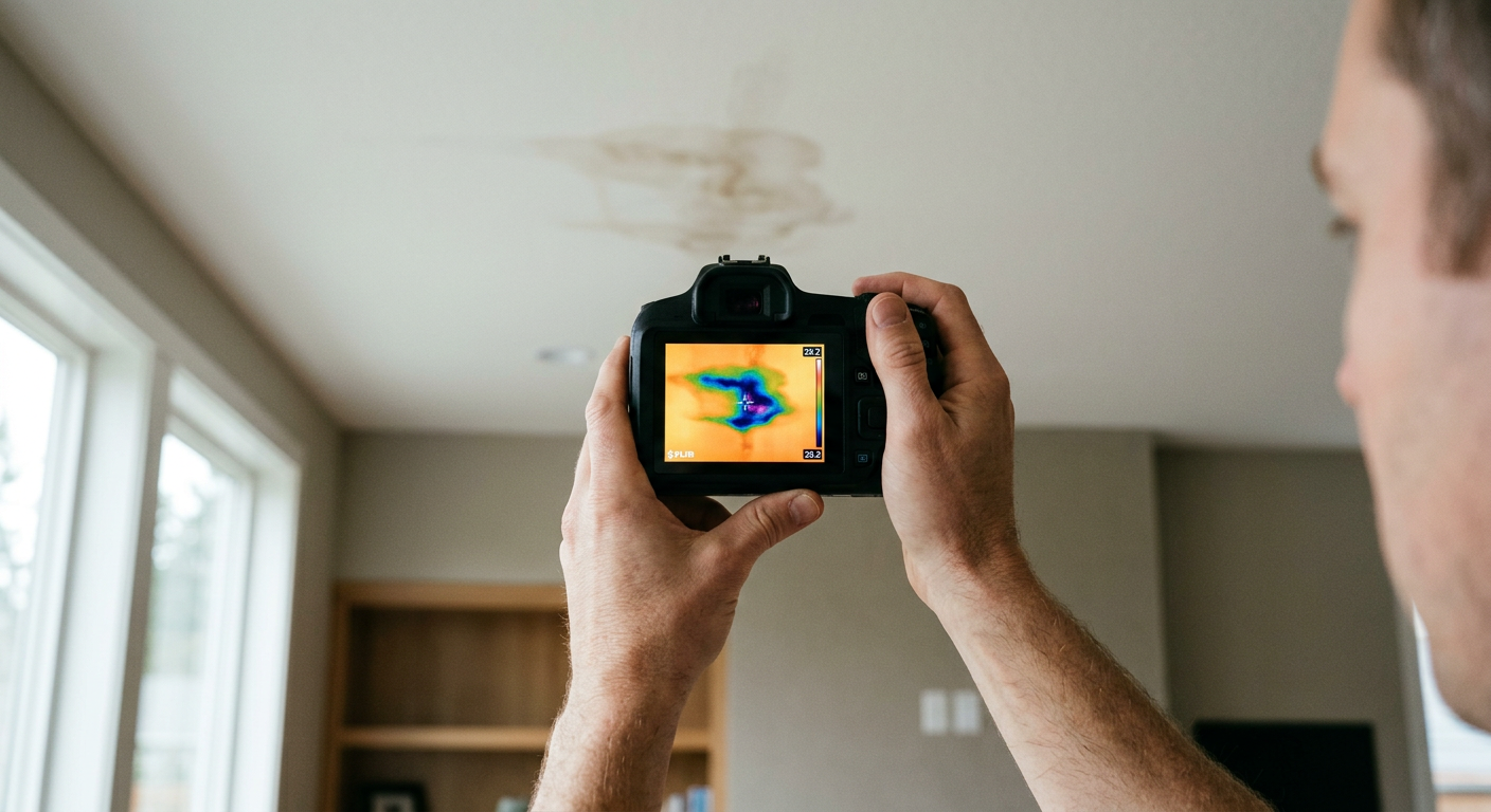 A thermal camera being used for a leak investigation in a Bellevue, WA home, showing a moisture spot on the ceiling.