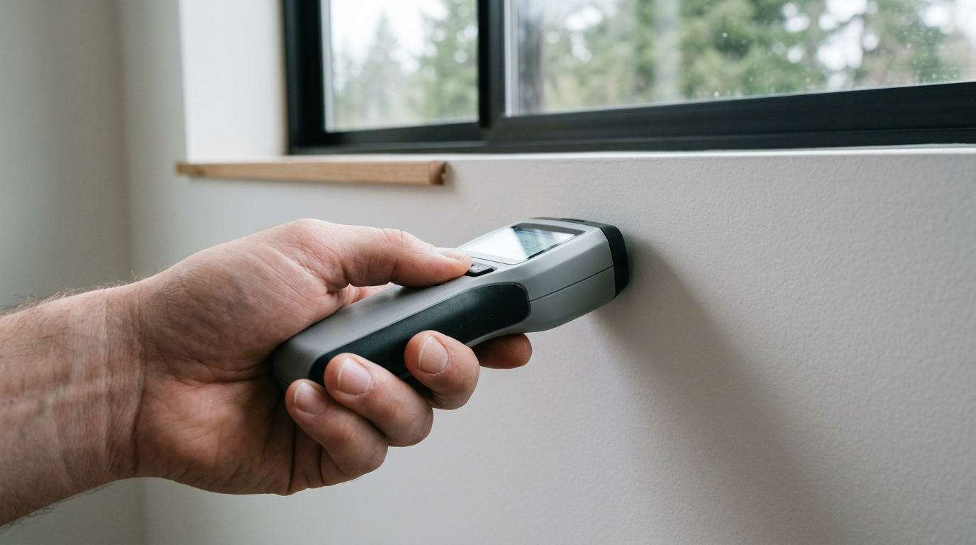 A technician holds a moisture meter against a wall during a leak investigation in a Bellevue, WA home.