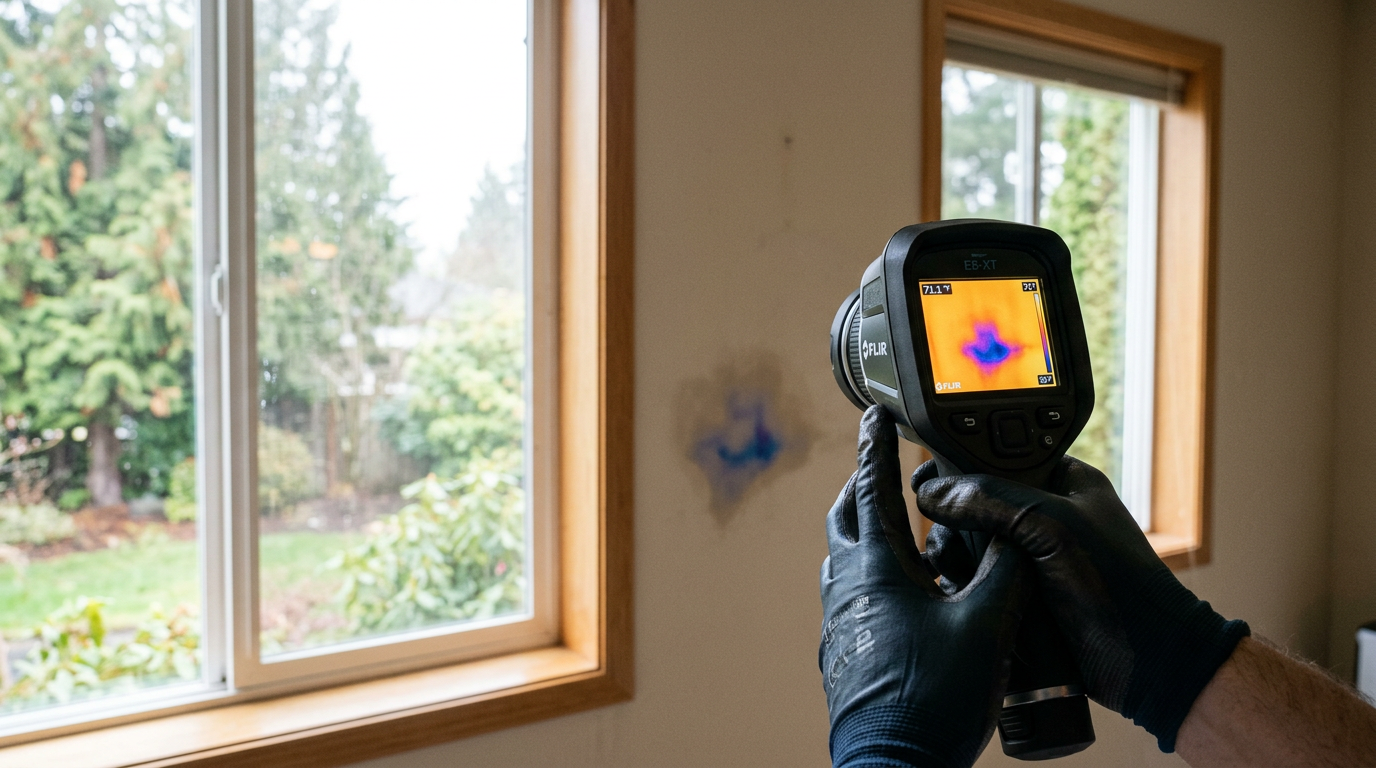 Using a thermal camera for a professional leak investigation on an interior wall in a Bellevue, WA home.