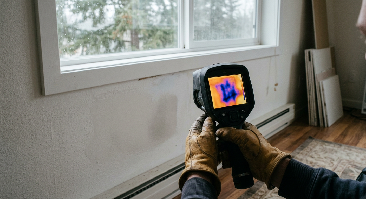 Using a thermal camera for a leak investigation in a Monroe, WA home to find a hidden water leak.