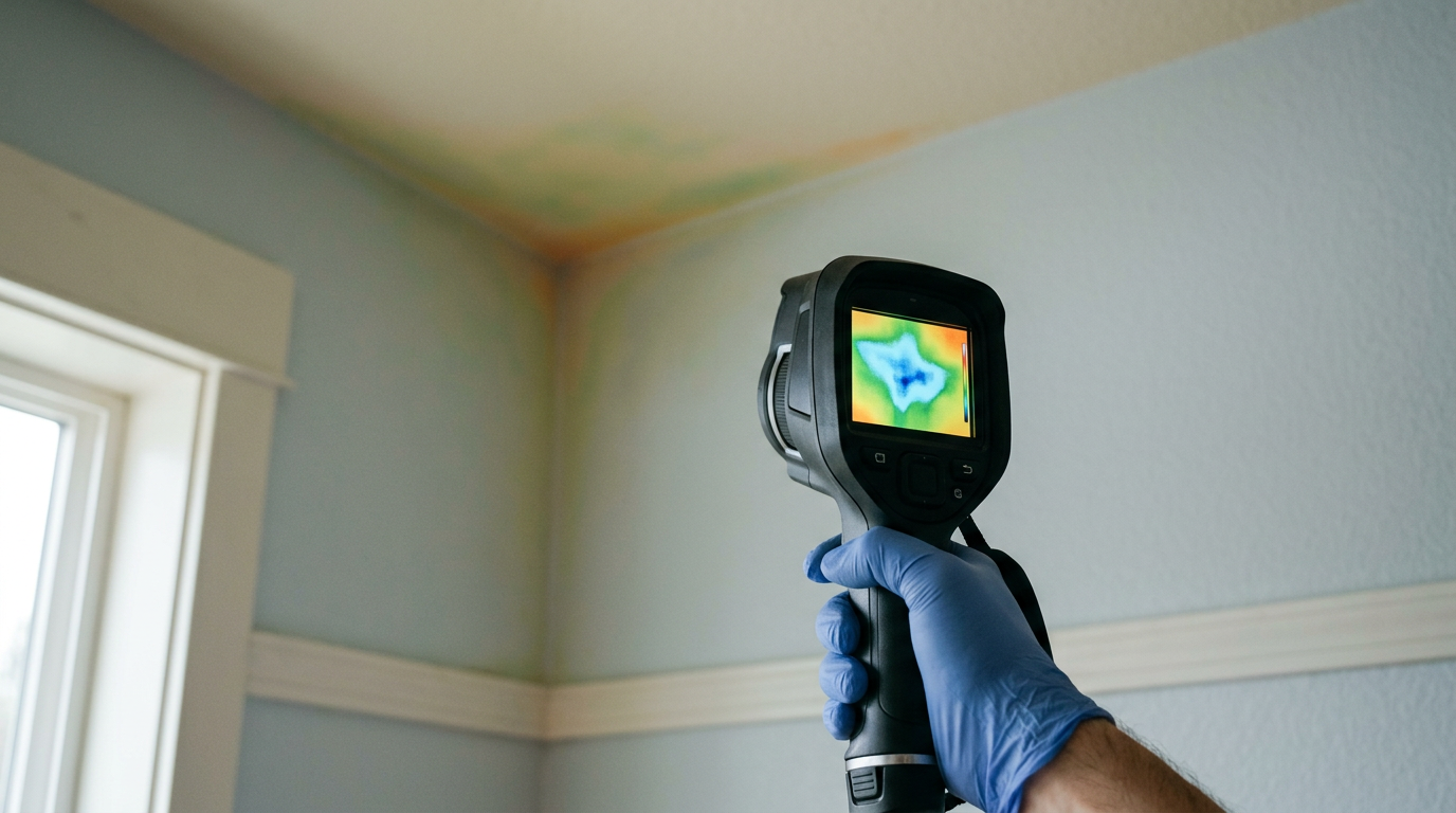 Using a thermal camera to find a hidden water leak during a leak investigation in a Kenmore, WA home.