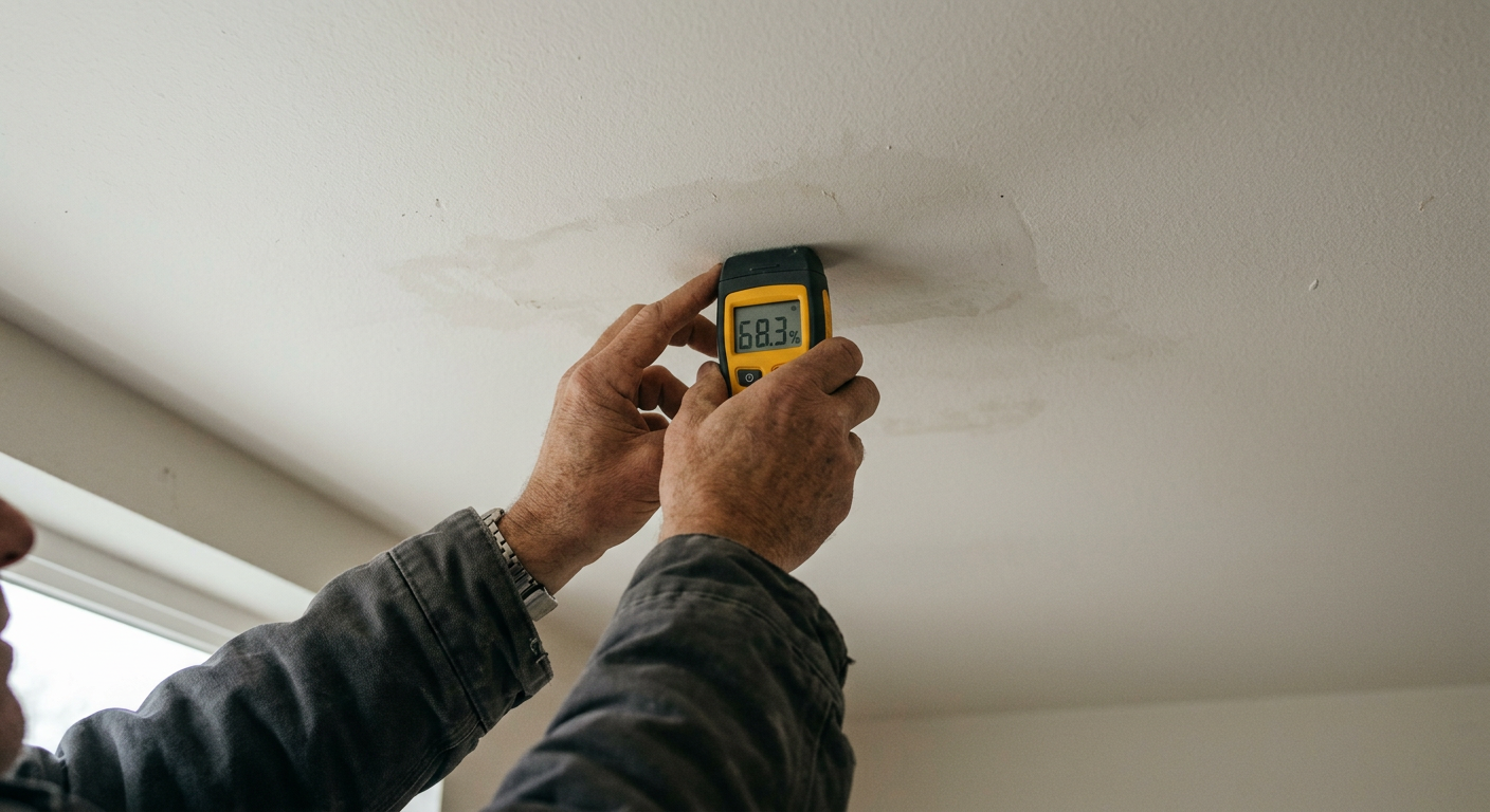 Using a moisture meter to find the source of a water leak during a leak investigation in a Kenmore, WA home.
