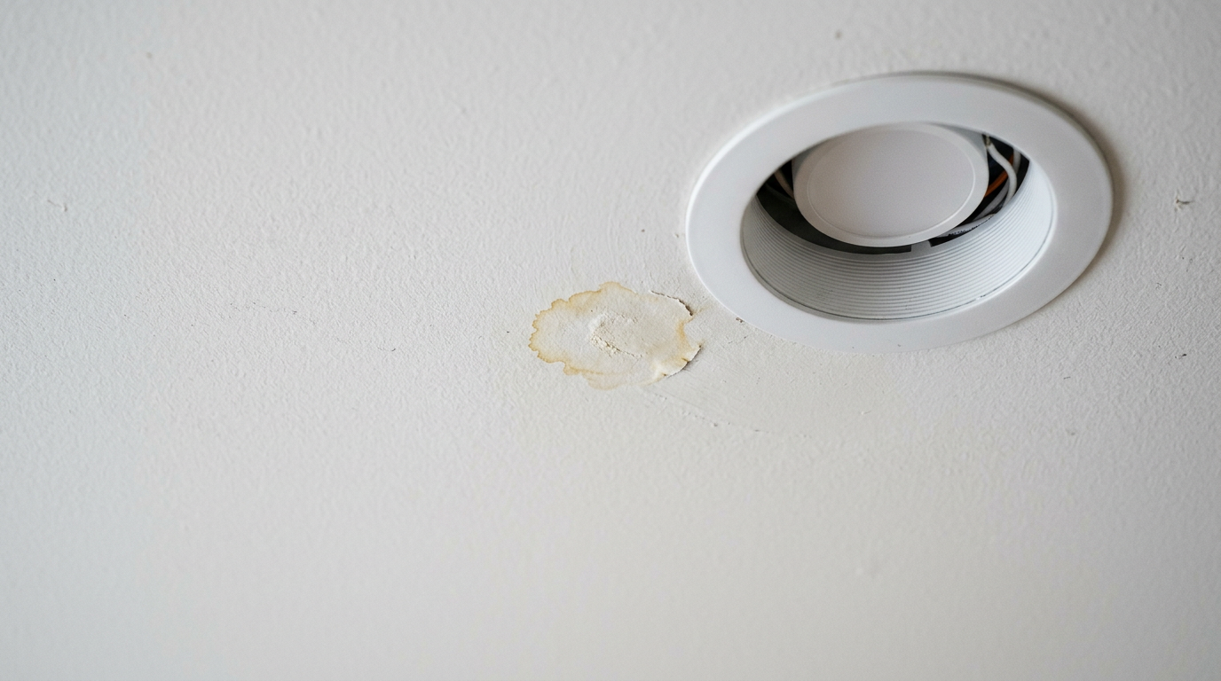 A small, brown water stain on a white ceiling in a Kenmore home, indicating the need for a leak investigation.