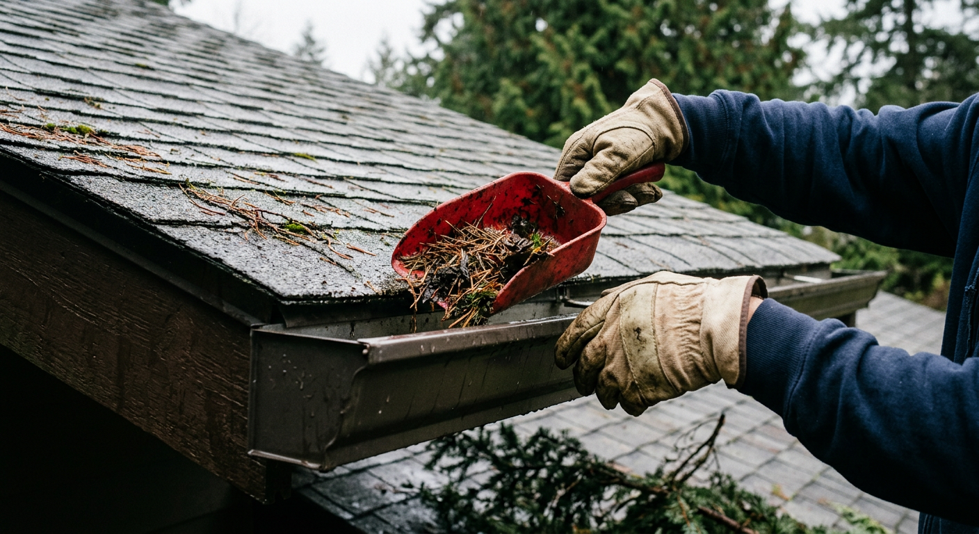 Performing fall gutter cleaning as part of a leak investigation preparation in Medina, WA.
