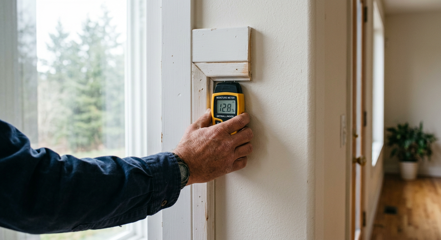 Contractor using a pinless moisture meter to trace water intrusion during leak investigations in Medina WA