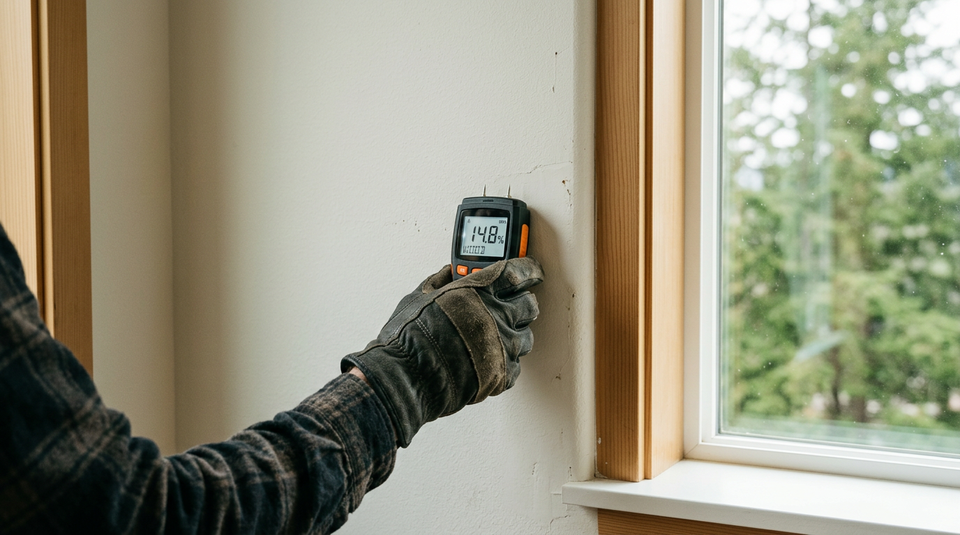 Using a moisture meter to perform a leak investigation in a Medina, WA home.
