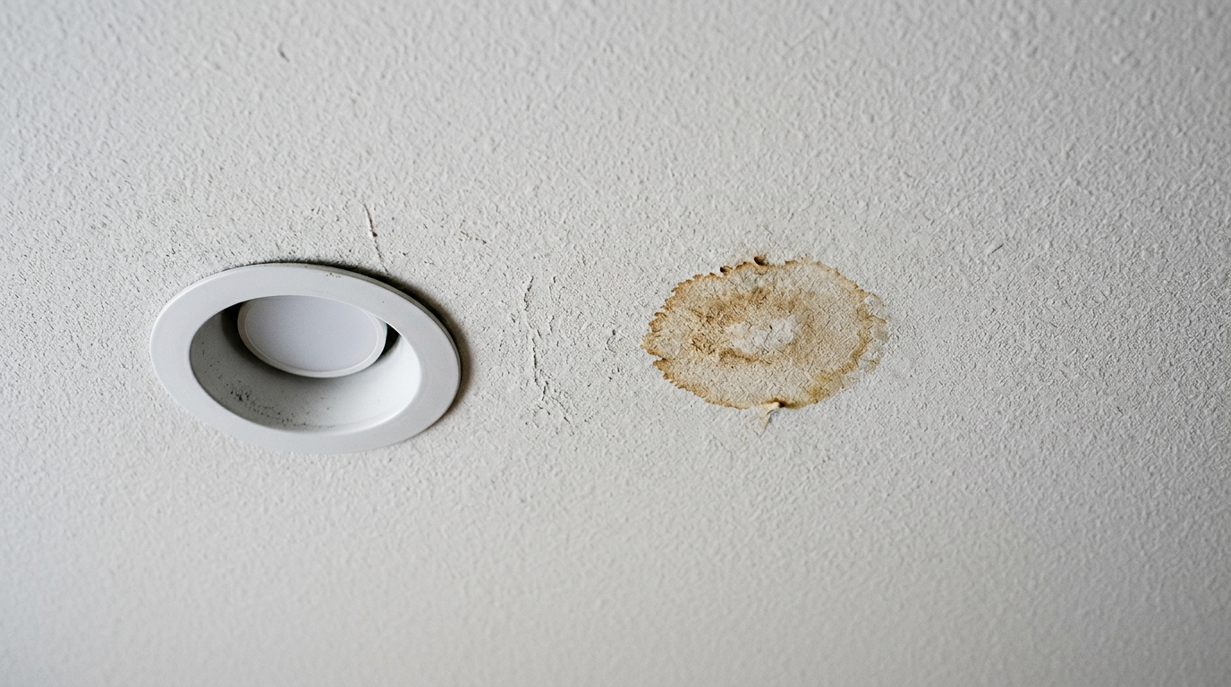 A close-up of a water stain on a ceiling, a sign that a homeowner in Monroe needs a leak investigation.