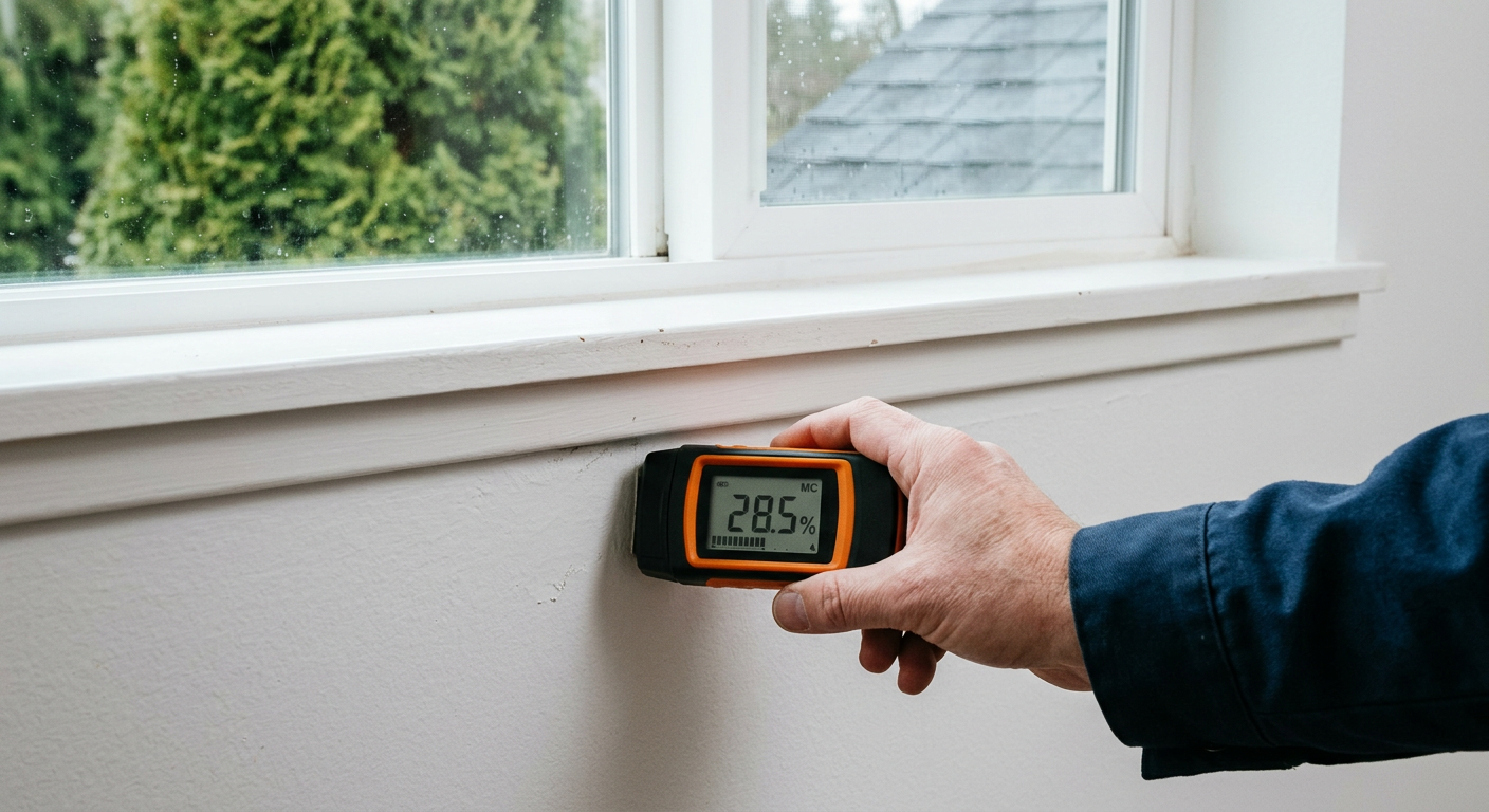 Using a moisture meter to find a hidden water leak during a leak investigation in a Monroe, WA home.