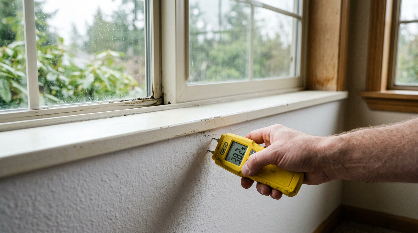 Using a moisture meter to perform a leak investigation in a Monroe, WA home.