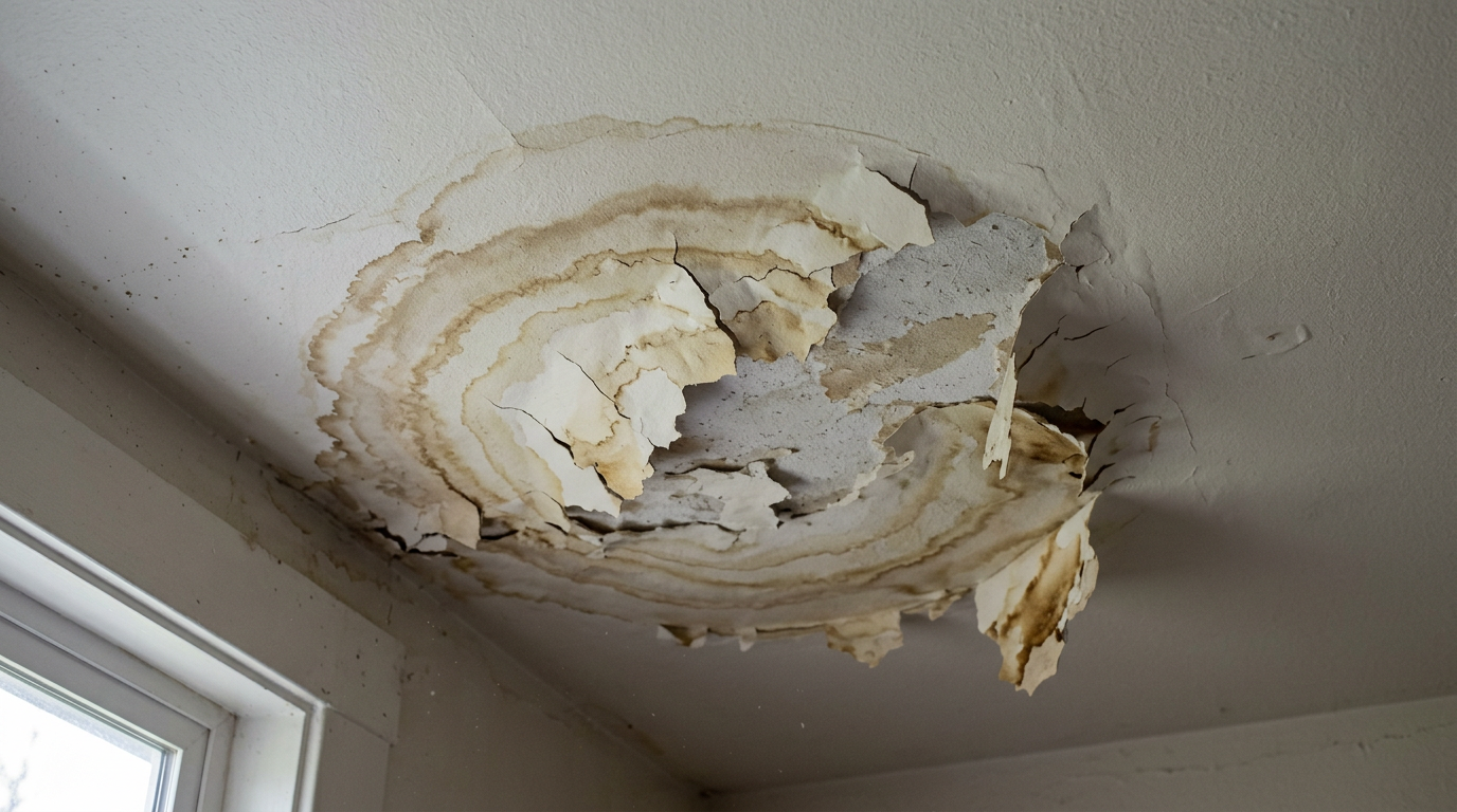 A close-up of a water-stained and damaged ceiling in a Monroe, WA home, indicating a hidden leak that needs investigation.
