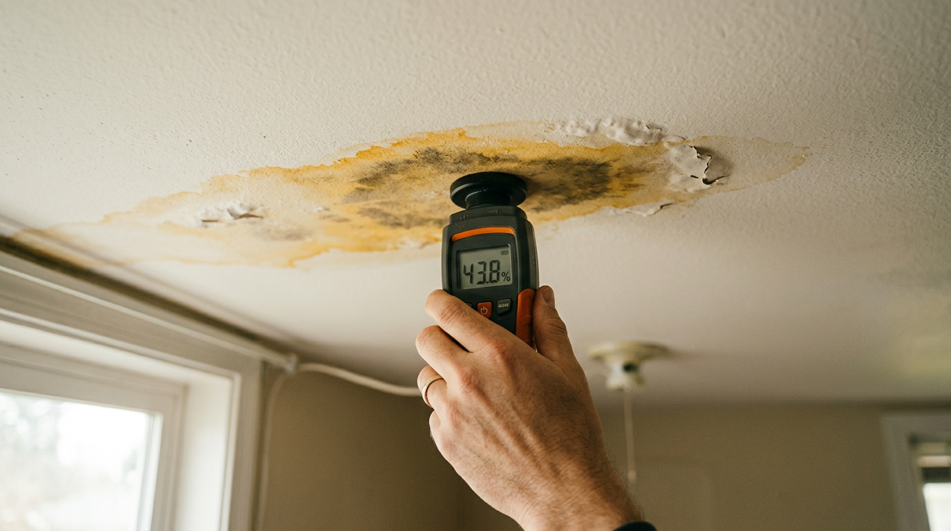 Using a moisture meter to check a water stain during a leak investigation in a Queen Anne home.