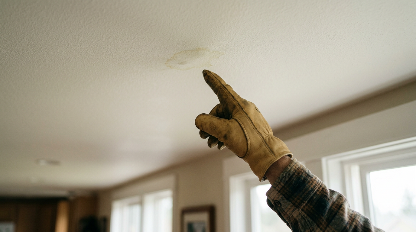 A small water stain on a ceiling, indicating the need for leak investigations in a Queen Anne home.