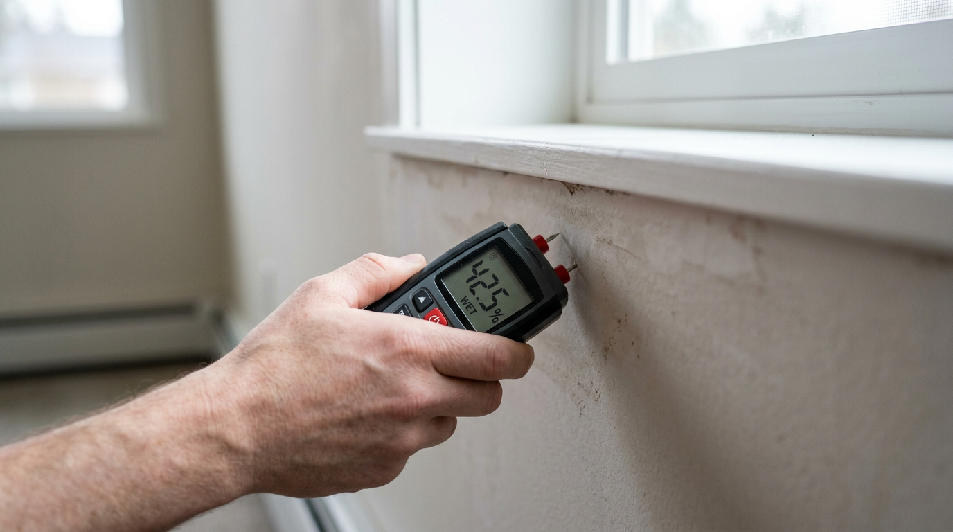 Using a moisture meter to conduct a leak investigation in a Queen Anne home.