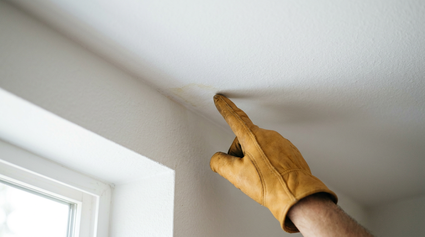 A small water stain on a ceiling corner in a Queen Anne home, indicating the need for a leak investigation.