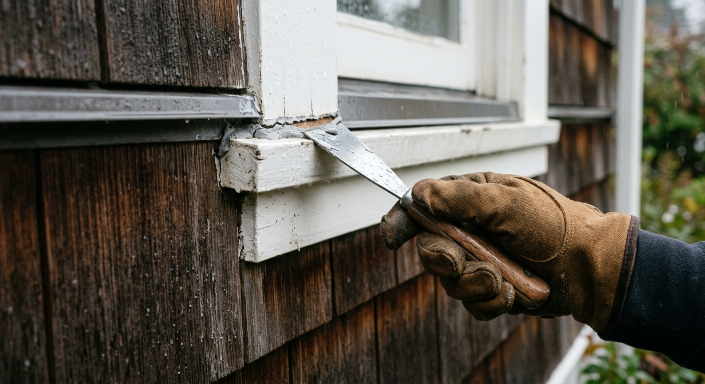 Close-up of exterior window trim checking during leak investigations in Queen Anne WA