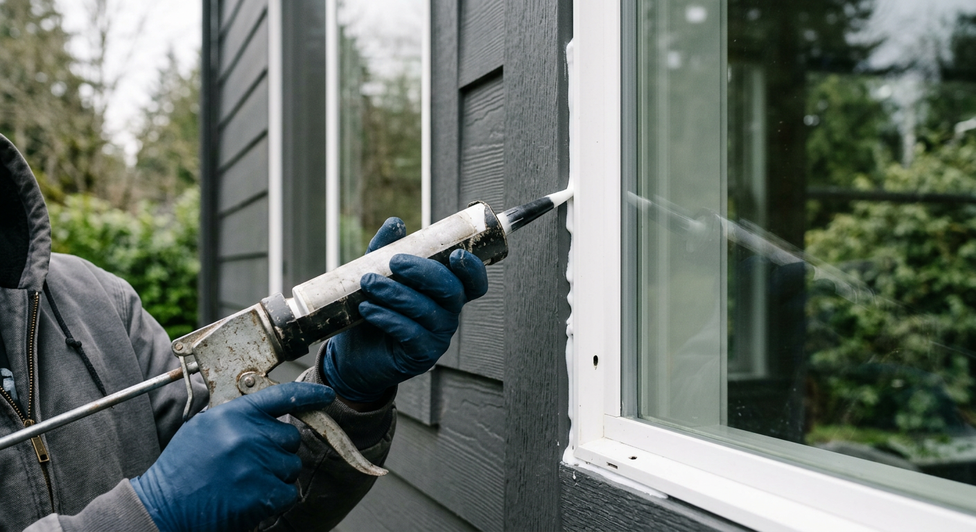 Applying fresh exterior caulk around a window frame during a leak investigation on a home in Sammamish, WA.