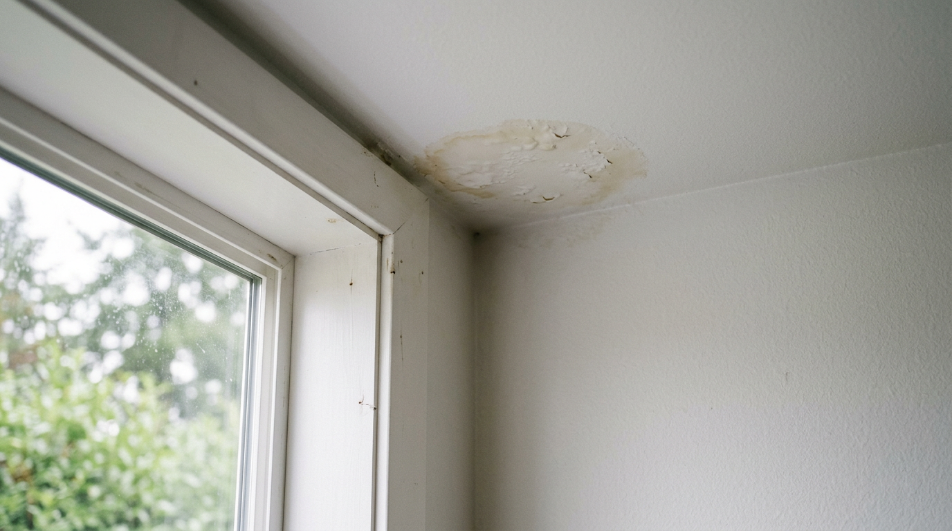 A subtle water stain on a ceiling in a Sammamish home, indicating the need for a leak investigation.