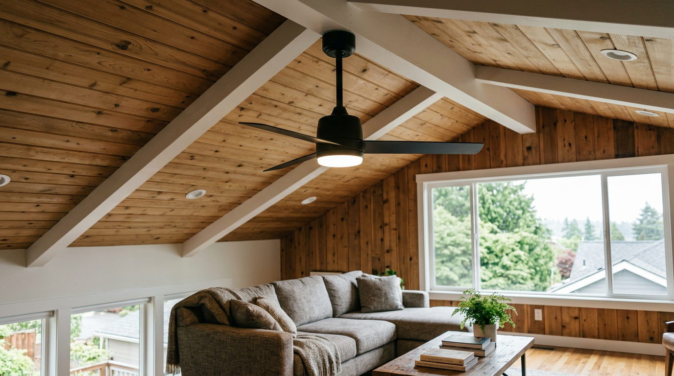 A newly installed modern black ceiling fan and light fixture in a bright Ballard living room.