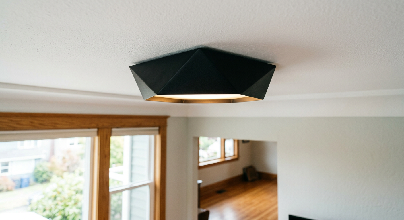 A new modern light fixture installed on the ceiling of a home in Ballard, WA.