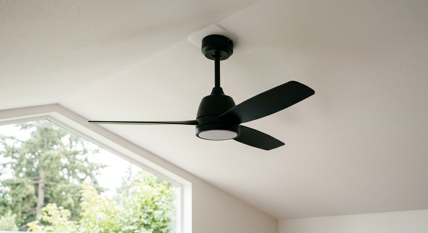 A modern matte black ceiling fan with a light installed on the ceiling of a home in Brier, WA.