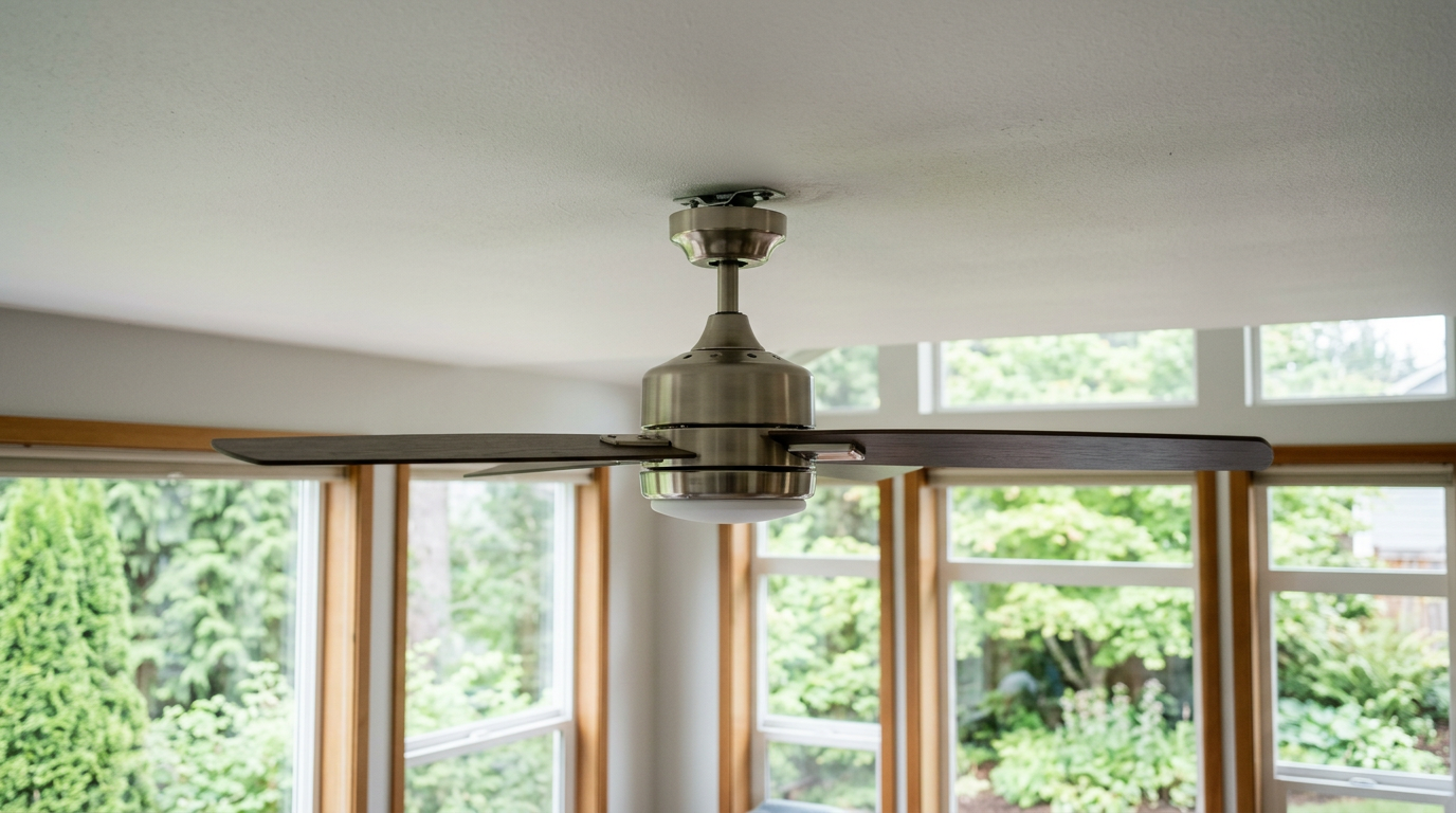A newly installed, modern ceiling fan and lighting fixture on the ceiling of a home in Brier, WA.