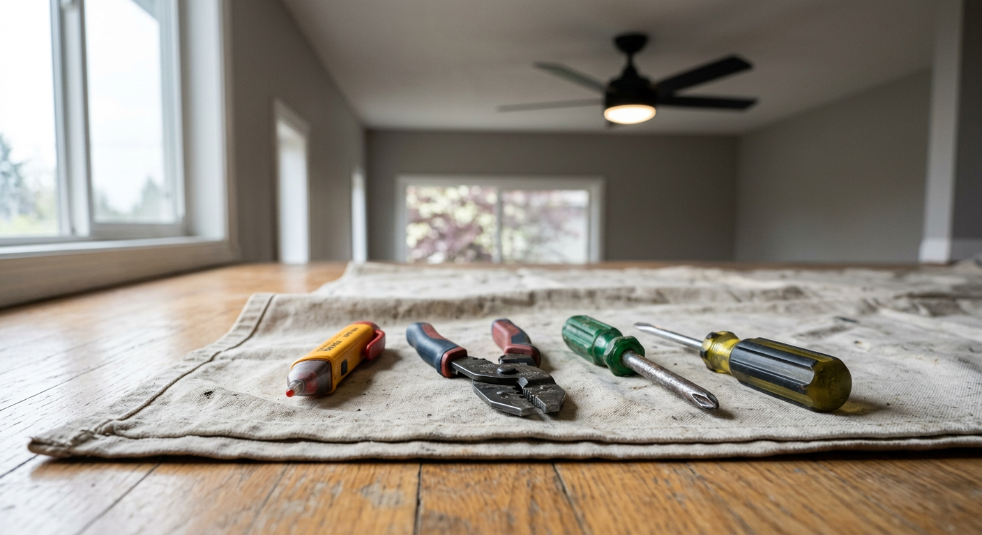 Tools for a lighting fixture install on a drop cloth in a Brier, WA home.