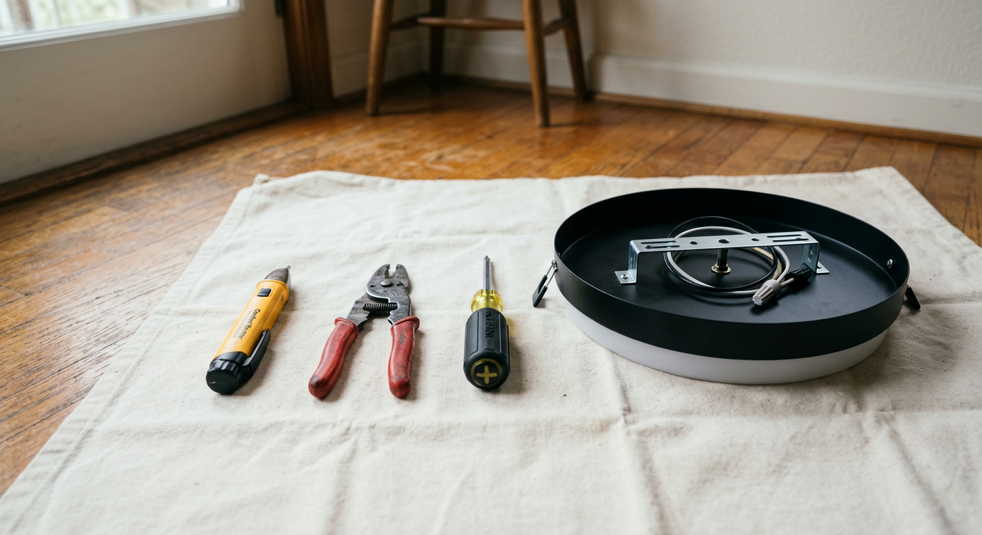 Tools for a lighting fixture install neatly arranged on a drop cloth in a Brier, WA home.