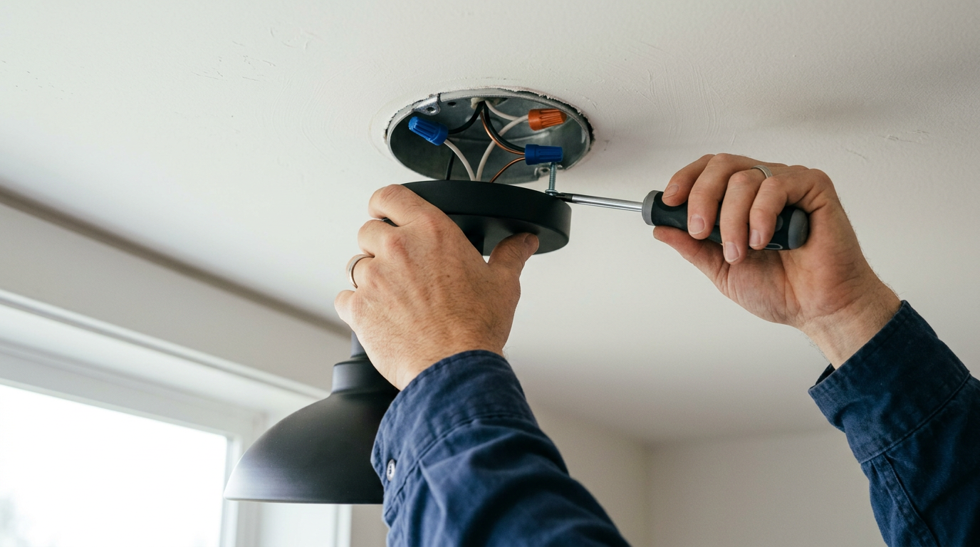 A handyman carefully performing a lighting fixture install in a Brier, WA home.