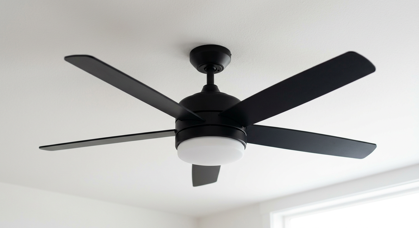 A new, modern ceiling fan with LED light installed on the ceiling of a home in Ballard, WA.