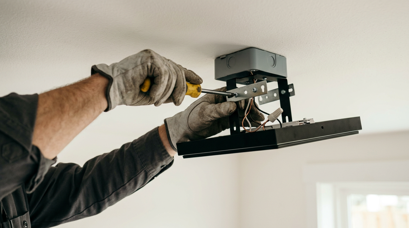 Close-up of a handyman installing a new light fixture on a ceiling in a Ballard home.