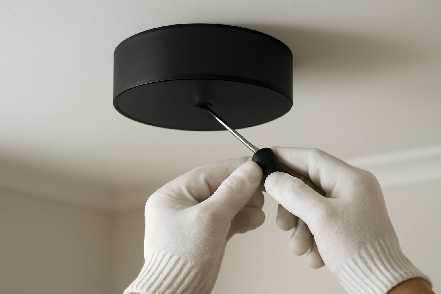 A new modern light fixture being installed on a ceiling in an Edmonds, WA home by a professional.