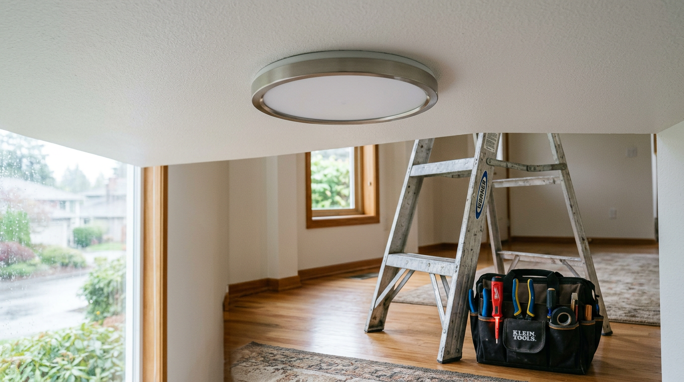 A newly installed modern ceiling light fixture in a Kirkland, WA home, with handyman tools nearby.