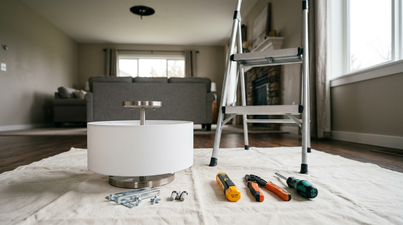 Tools for a professional lighting fixture install in a Lake Stevens home, including a new fixture and a voltage tester.