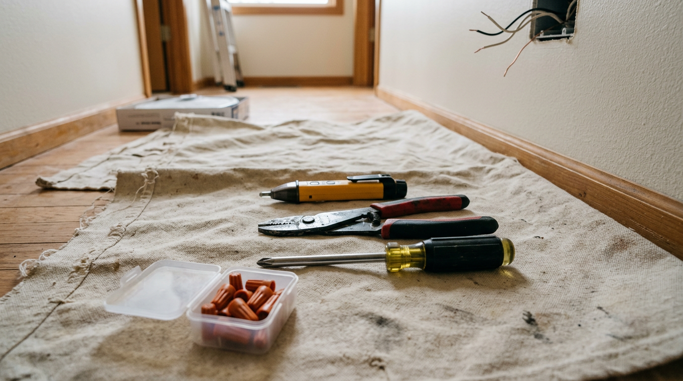 Tools for a lighting fixture install in Northgate, including a voltage tester and wire strippers.