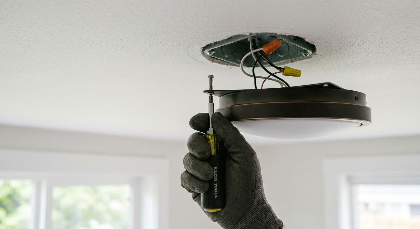 A professional handyman carefully performs a lighting fixture install in a Kirkland, WA home.
