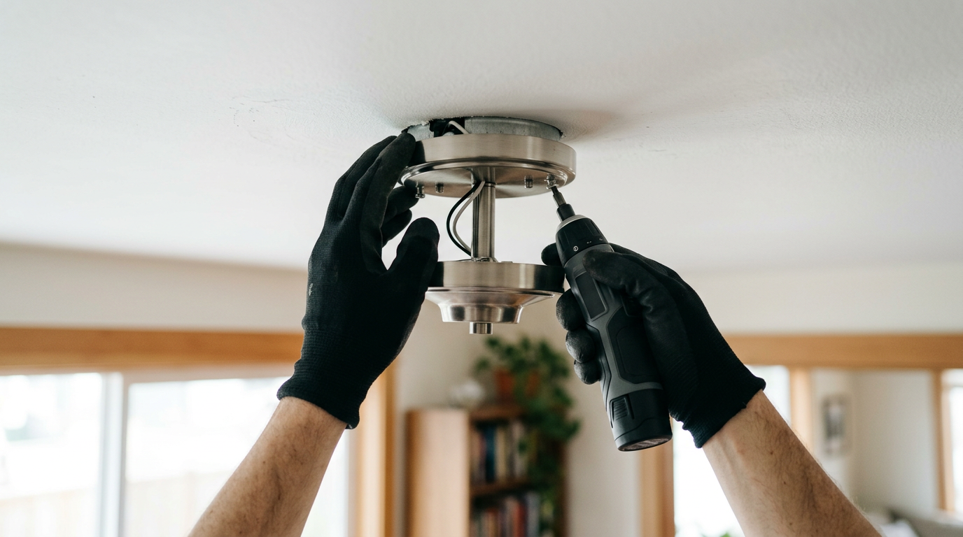 A House Spouse technician performing a professional lighting fixture install in a Kirkland, WA home.