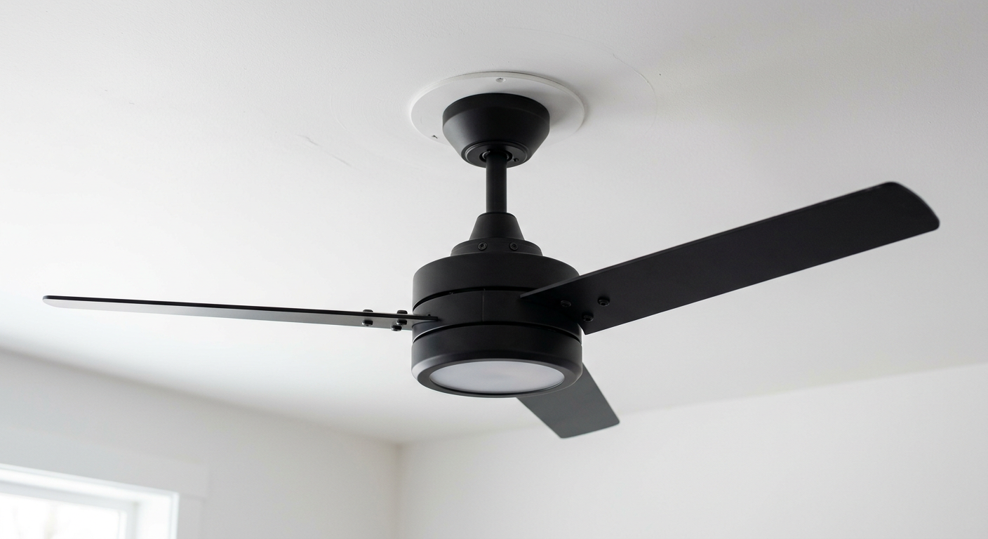 A newly installed matte black ceiling fan and light fixture in a Lake Stevens home.