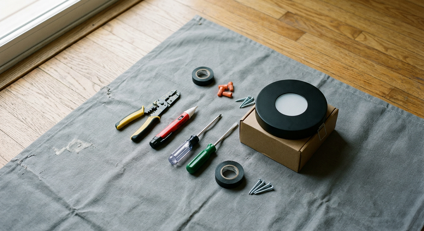Tools for a lighting fixture installation laid out on a drop cloth in a Mukilteo, WA home.