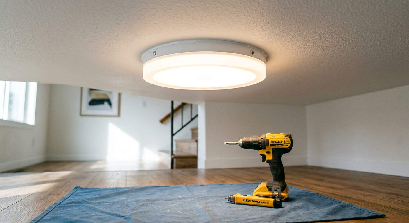 A newly installed modern LED light fixture on the ceiling of a home in Mukilteo, WA.