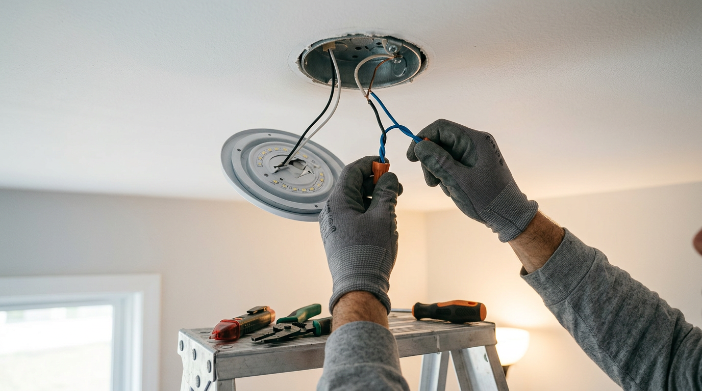 A handyman performing a safe lighting fixture install in a Mukilteo home.