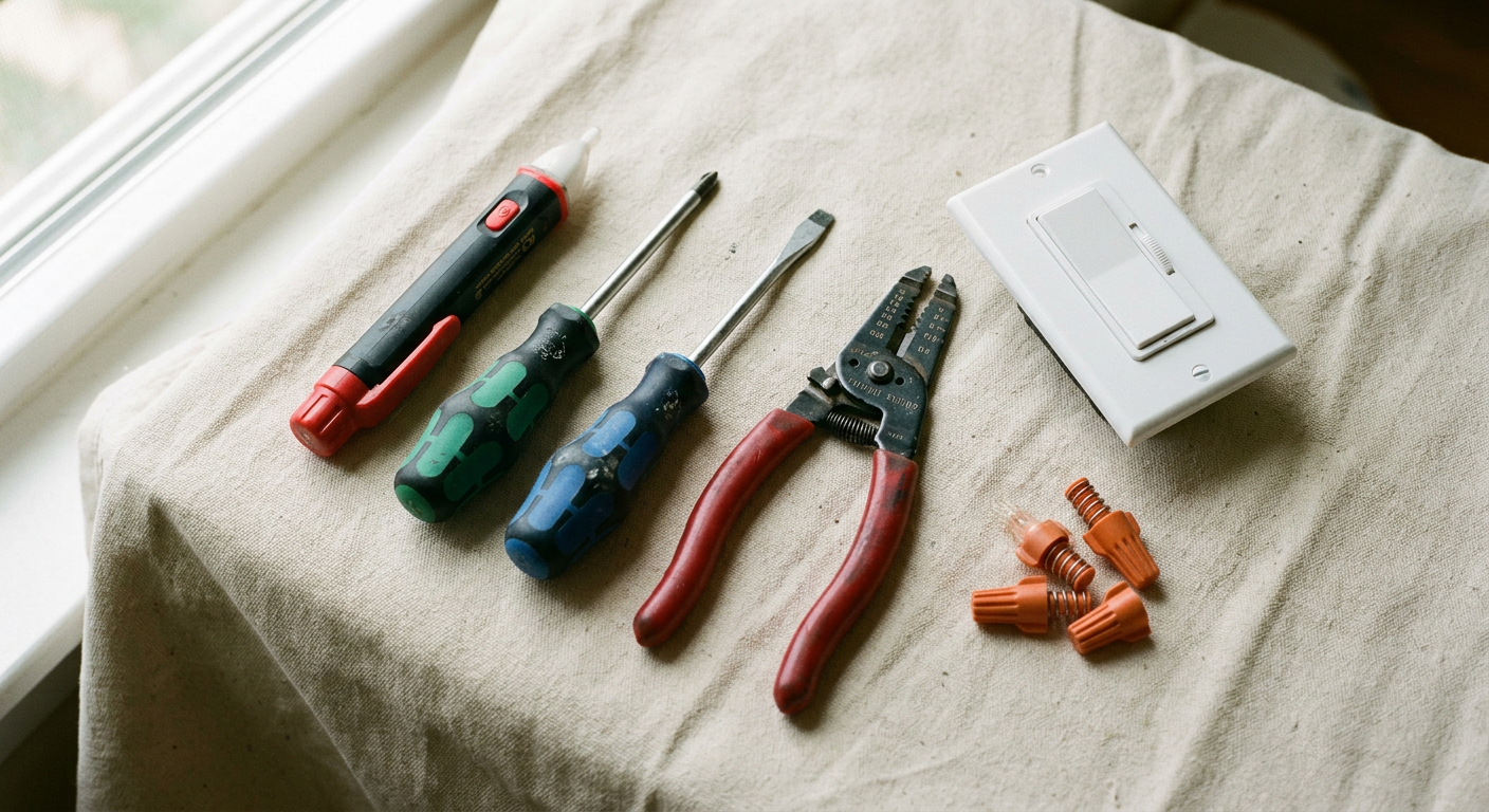 Tools for a professional lighting fixture install in Mukilteo WA, laid out on a drop cloth.