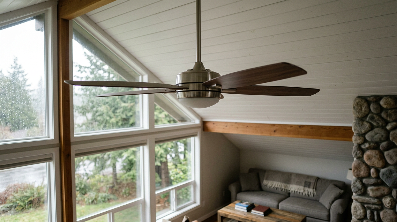 Modern brushed-nickel ceiling fan installed in a Mukilteo, WA living room, a common lighting fixture replacement.