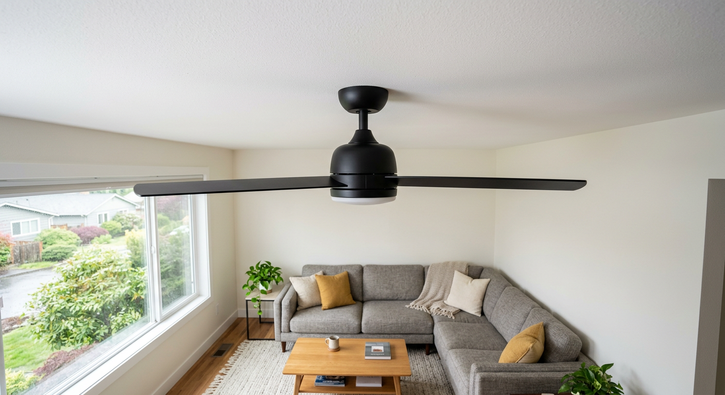 A new, modern black ceiling fan and light fixture professionally installed on the ceiling of a Northgate, WA home.