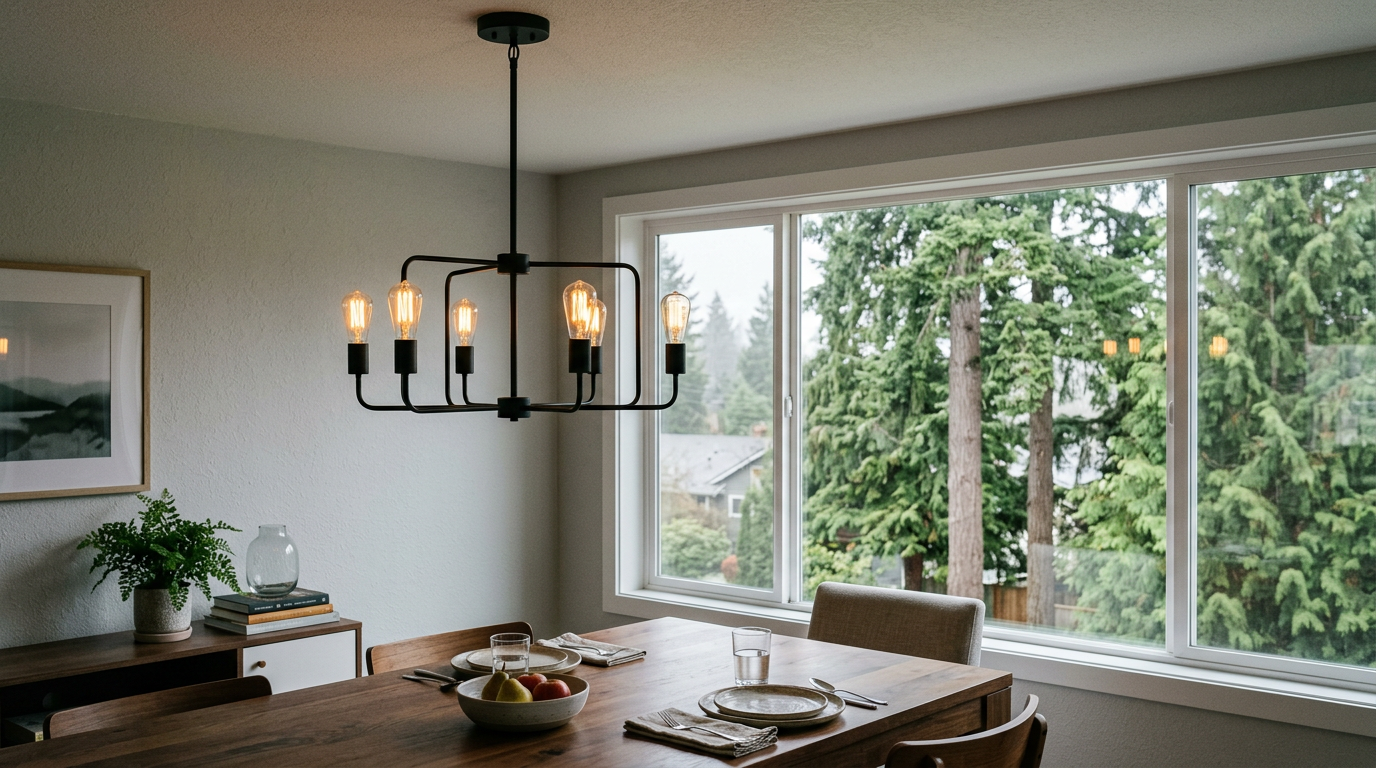A new, modern lighting fixture installed in a Northgate, WA dining room, ready for the winter.